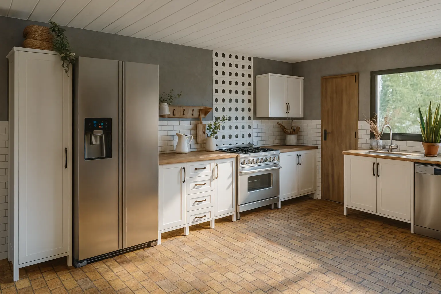 Home 15 Kitchen interior with white cabinets, stainless steel fridge, gas stove, and brick-style tile floor.