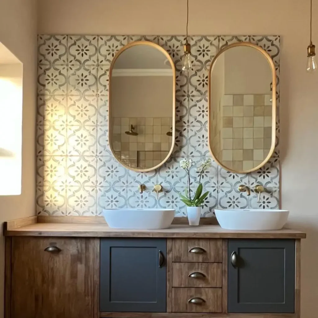 Bathroom vanity with wood countertop, dark cabinet doors, two vessel basins, and oval mirrors in front of patterned tile.