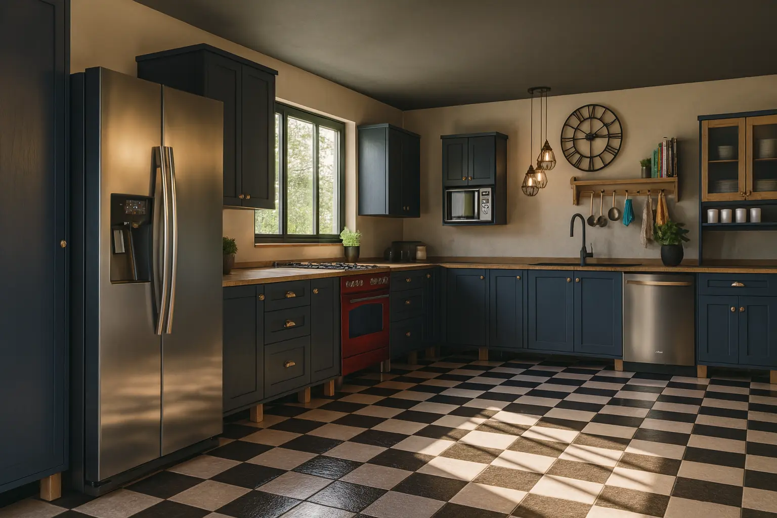Home 16 Kitchen interior with blue cabinets, wood countertops, stainless steel fridge, and checkered tile floor.