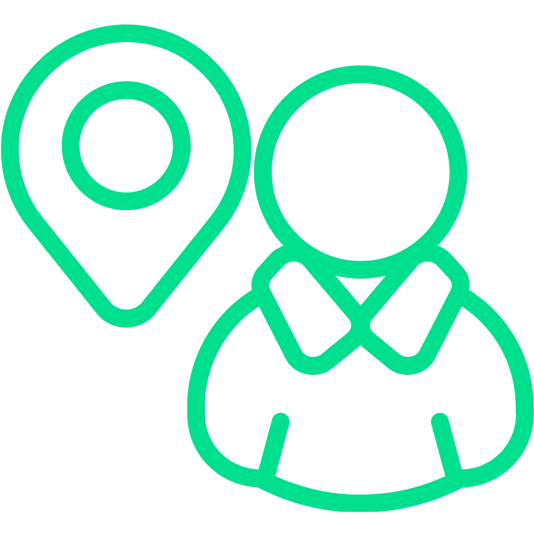 Green symbol of a man next to a location