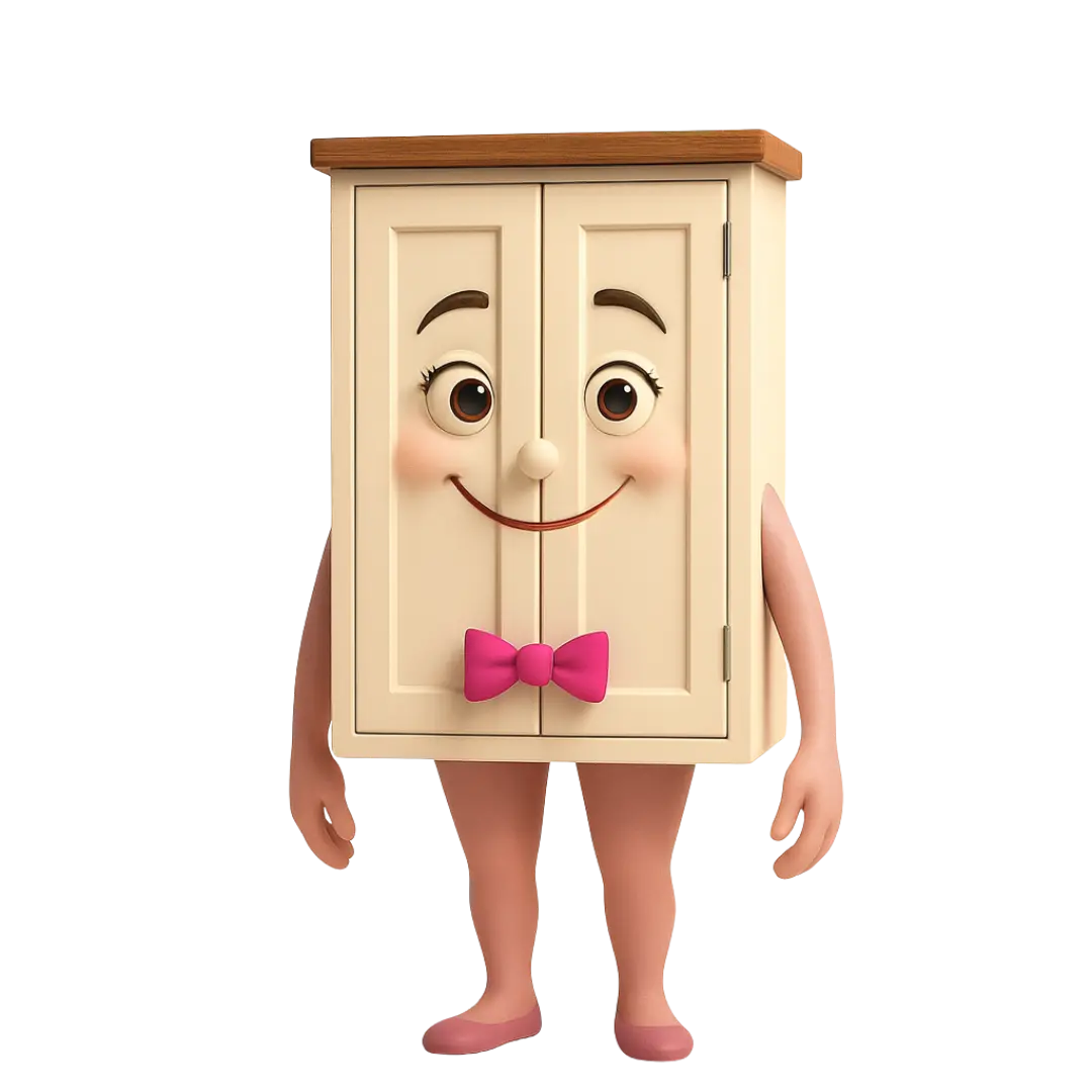 Cartoon cabinet character with a smiling face and pink bow tie.