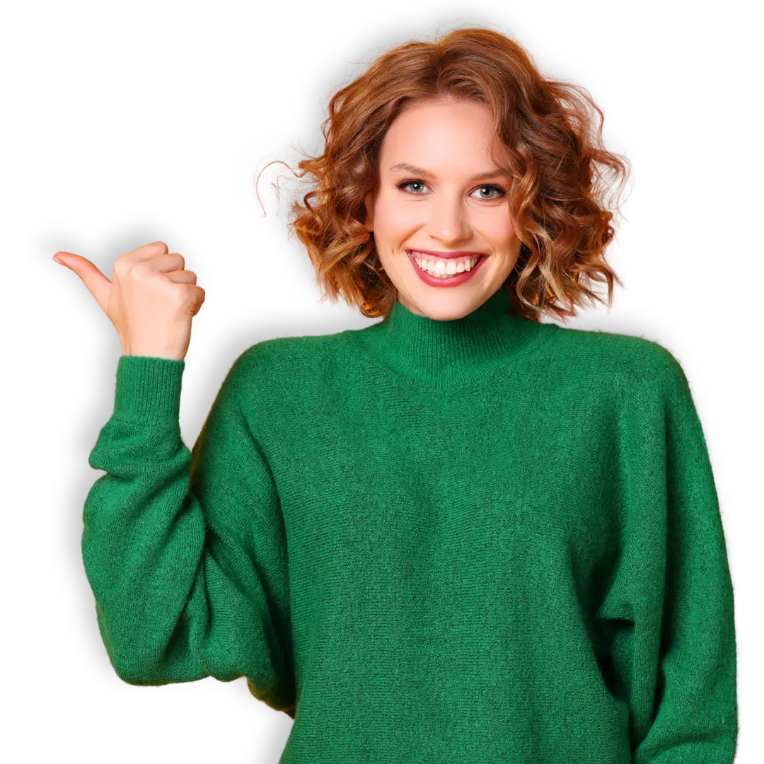 Woman-Pointing-Left Smiling woman in a green sweater pointing to the left side.