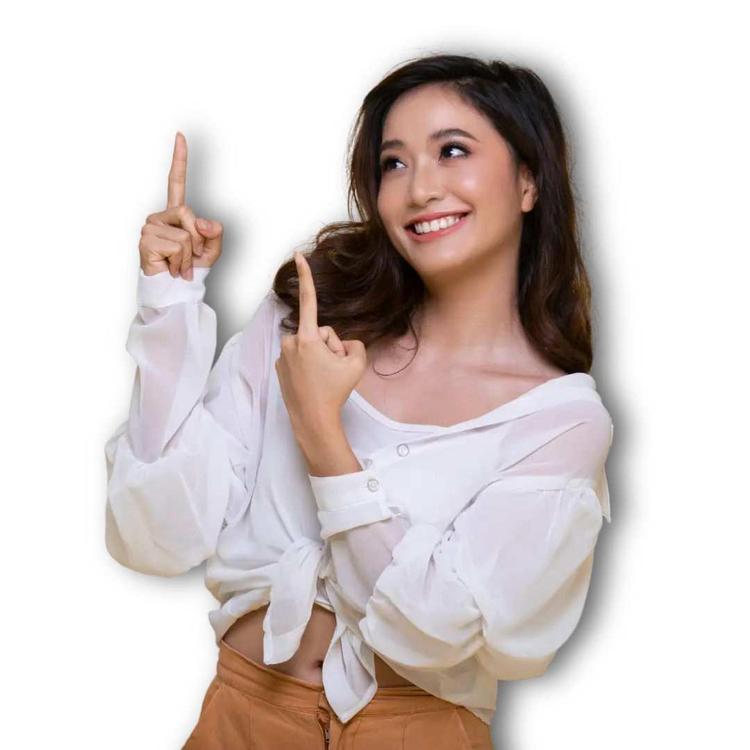 Woman-Pointing-Up Woman posing with playful gestures.