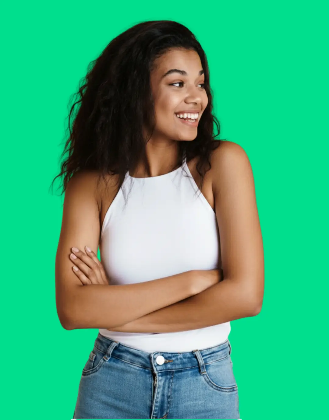 Woman with arms crossed, green background