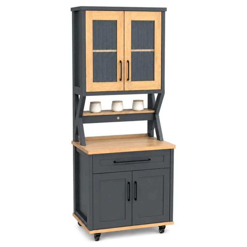 Black Coffee Station with glass doors and wooden doors2 A Black Coffee Station with glass doors and wooden doors with the top section elevated by a K shaped stand
