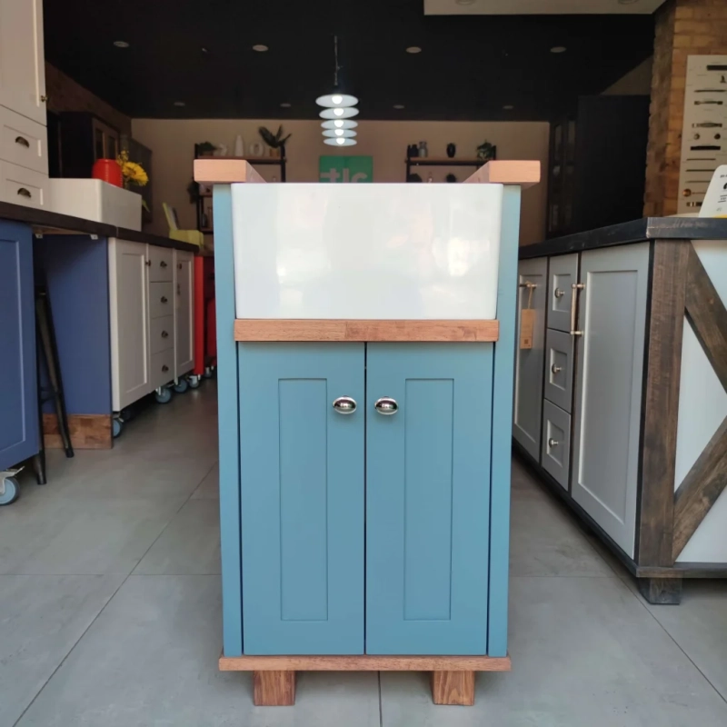 Blue Baby Butler Sink Showroom A Front View Of A Blue Baby Butler Sink Cabinet In A Showroom