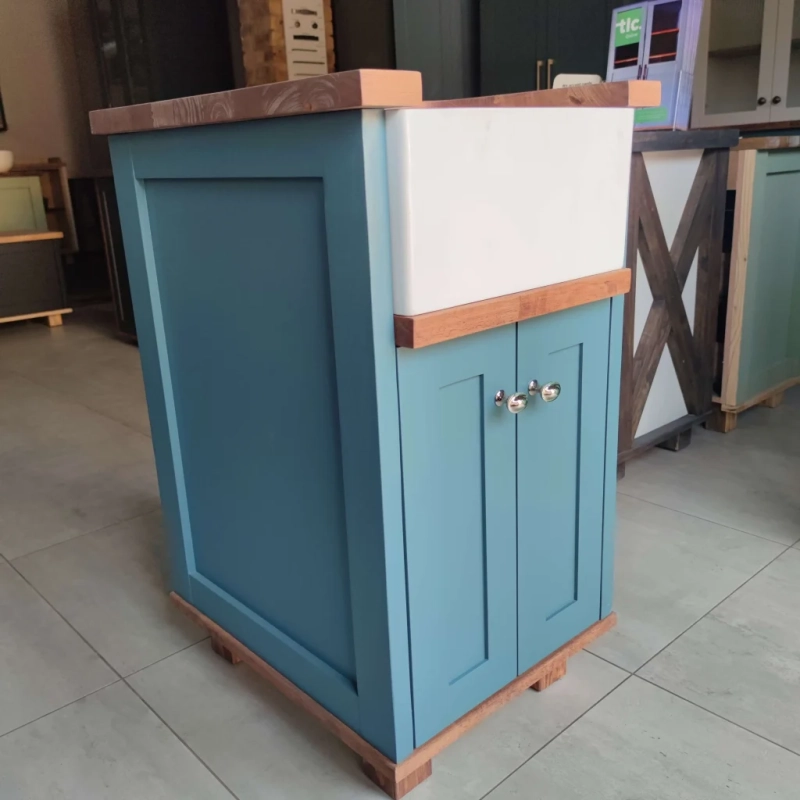Blue Baby Butler Sink Showroom Left A Left View Of A Blue Baby Butler Sink Cabinet In A Showroom