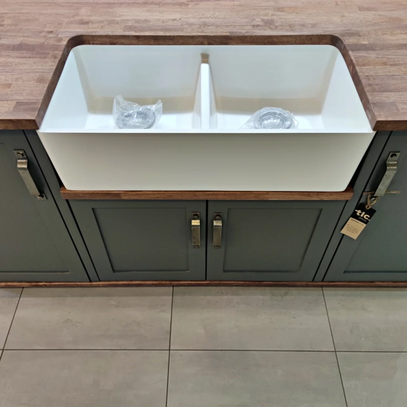 Blue Double Butler Sink Showroom Top A Top View Of A Blue Double Butler Sink Cabinet In A Showroom