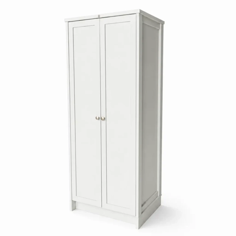 A white broom cabinet