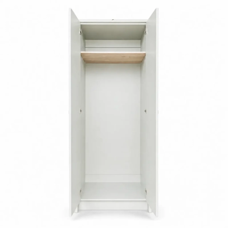 An open white broom cabinet with shelving at the top