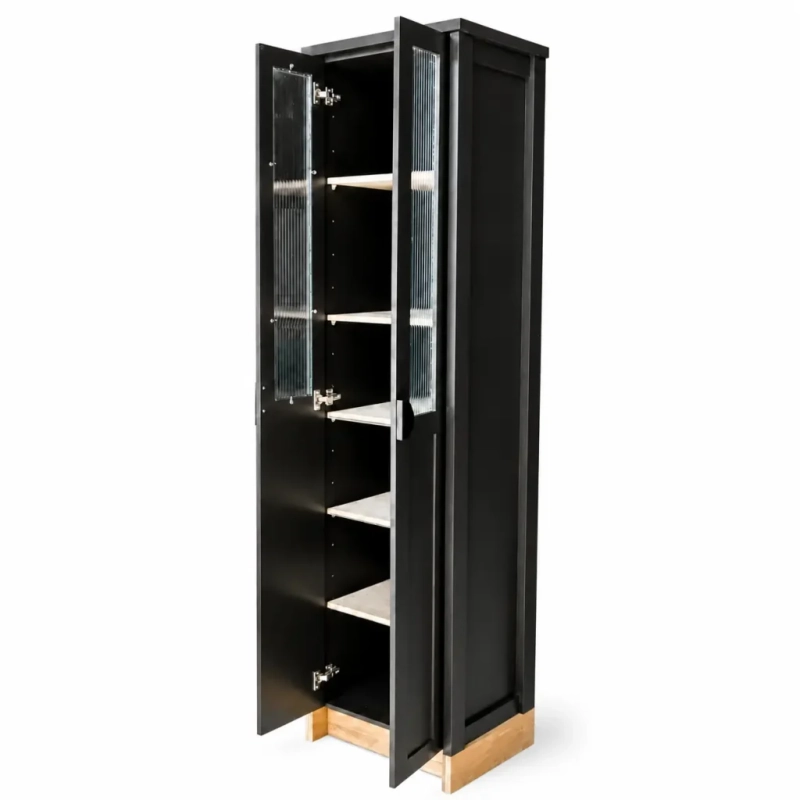 DIsplay Cabinet Black Open An open black display cabinet with shelving and fluted glass