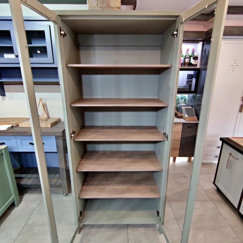 DIsplay Cabinet Green Open An open green display cabinet with shelving and glass doors in a kitchen