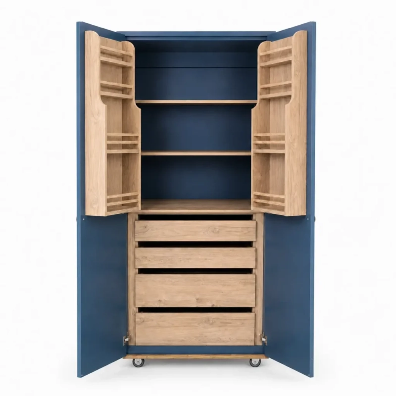 Deluxe Pantry Blue Open A front view of an open blue deluxe pantry with shelving and spice racks