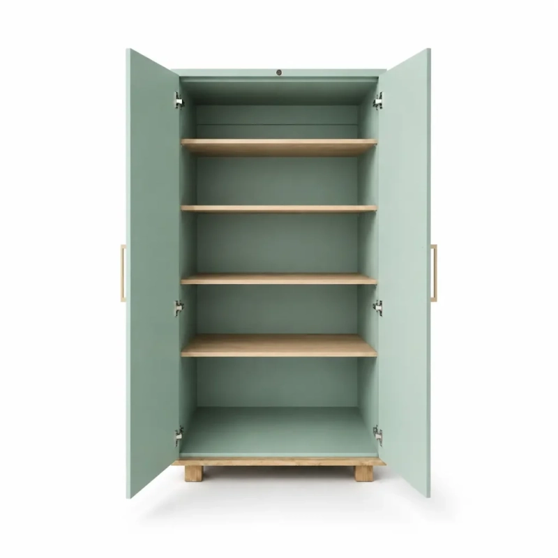 Double Door Pantry Green Open1 An open green double door pantry with shelving