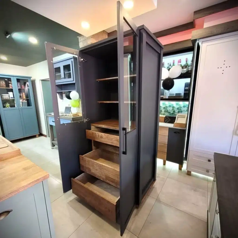 Executive Pantry Black Open An open black executive pantry with shelving