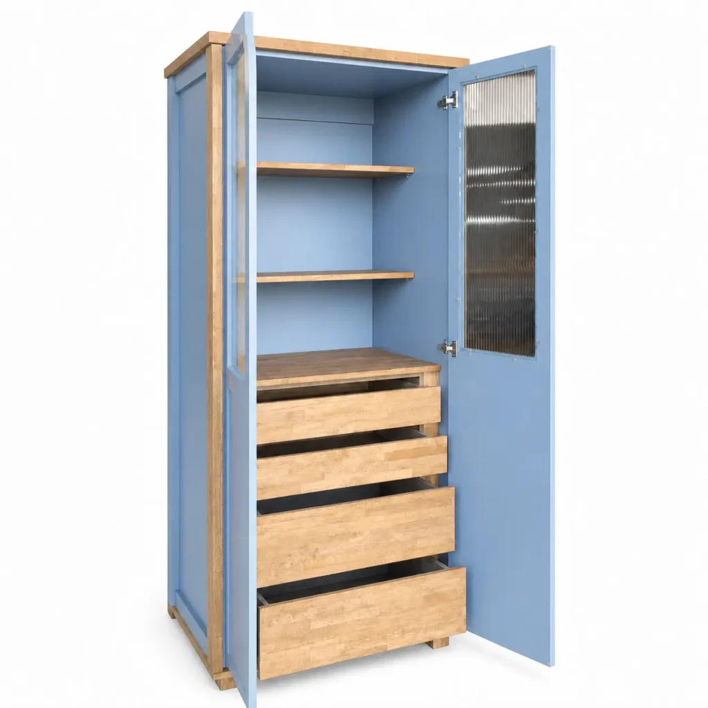 Executive Pantry Blue Open An open blue executive pantry with fluted glass and shelving