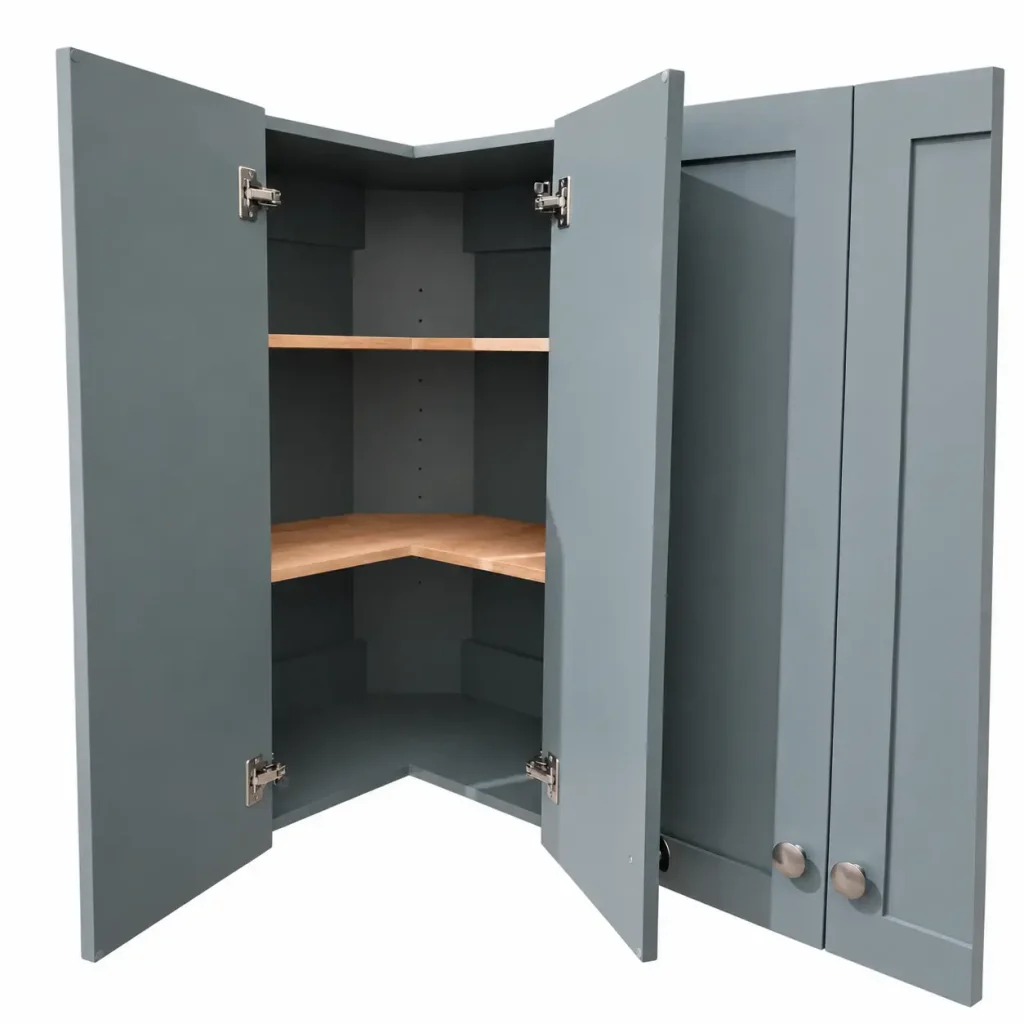 An Open Grey L-Shaped Corner Wall Cabinet On A White Background