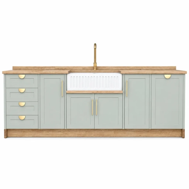 Green Double Belfast Butler Sink White Background Front A Front View Of A Green Double Belfast Butler Sink Cabinet With A White Belfast Sink On A White Background