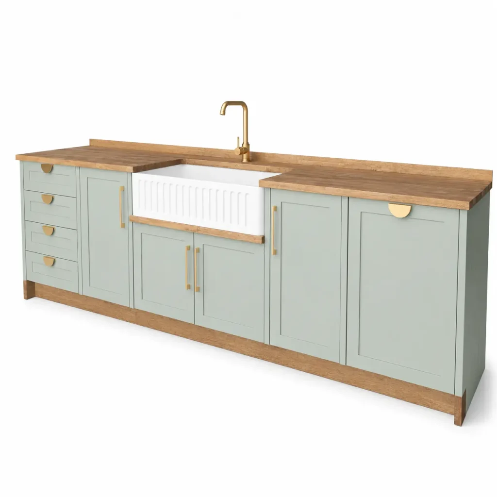 Green Double Belfast Butler Sink White Background Right A Right View Of A Green Double Belfast Butler Sink Cabinet With A White Belfast Sink On A White Background