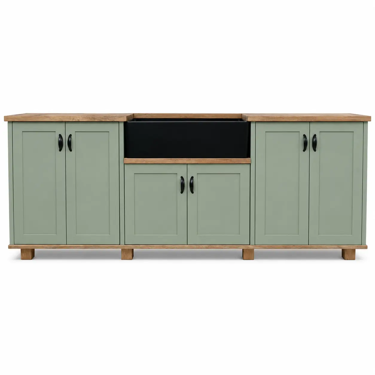 Butler Sink Cabinets 3 A Front View Of A Green Double Butler Sink Cabinet With A Black Sink On A White Background