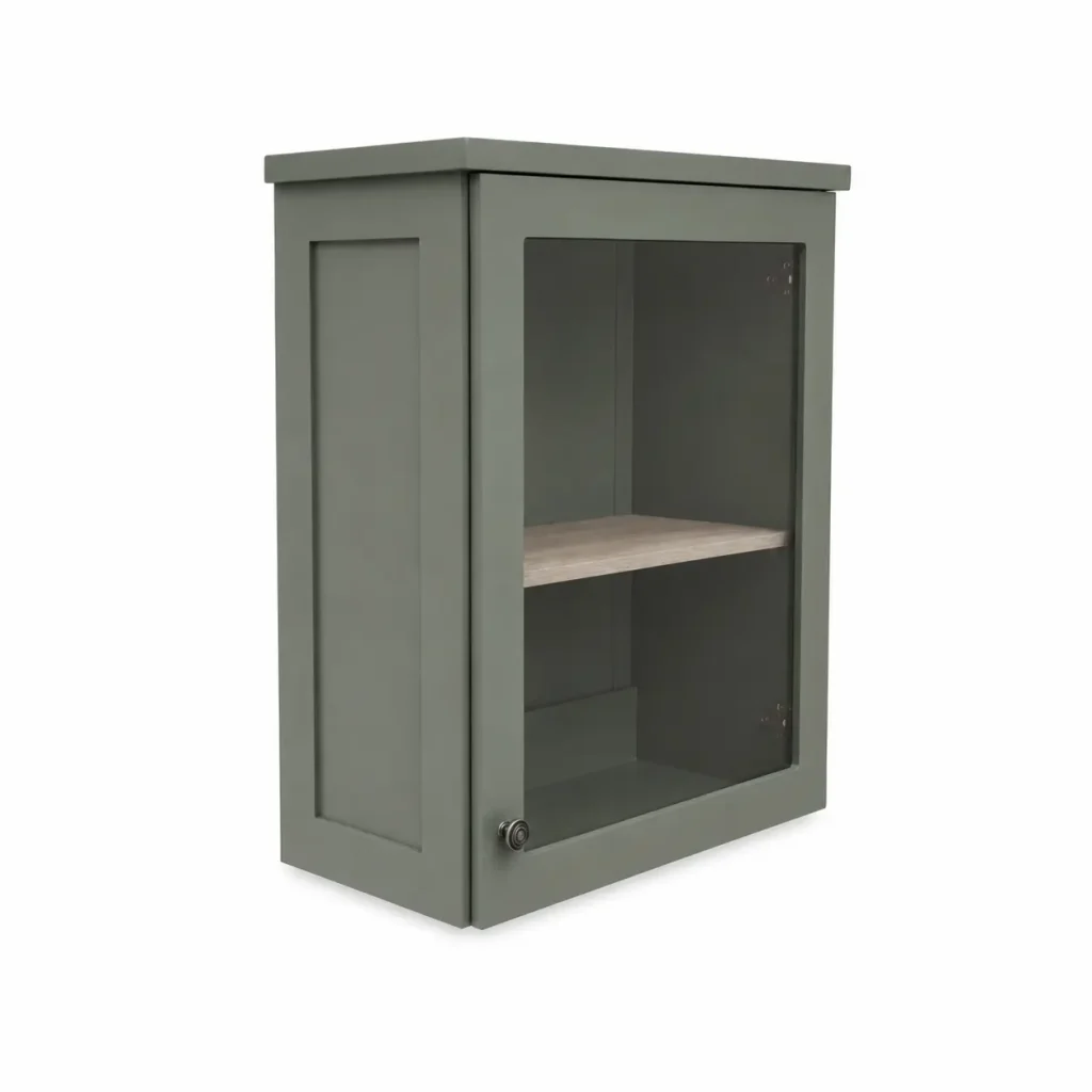 A Left View Of A Green Single Door Wall Cabinet On A White Background