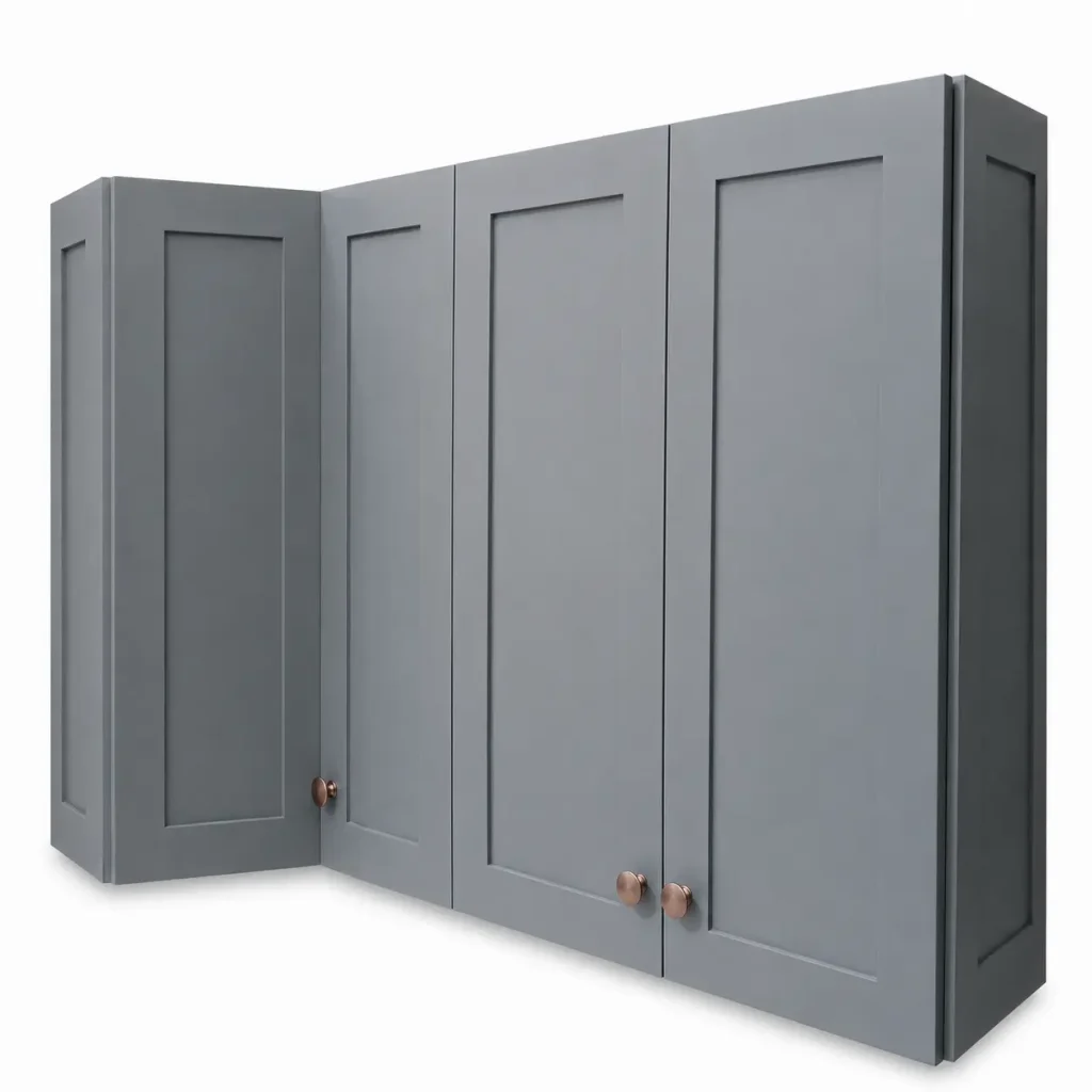 A Grey L-Shaped Corner Wall Cabinet On A White Background