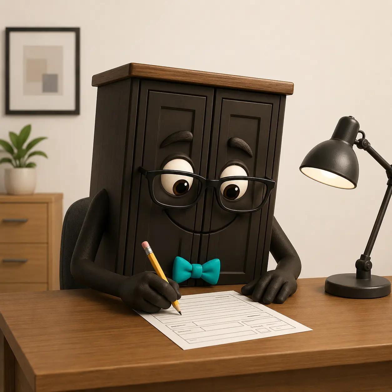 A Cabinet mascot sitting at a desk filling out a form