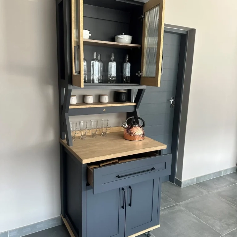 Open Black Coffee Station Home An Open Black Coffee Station with glass and wooded doors in a home