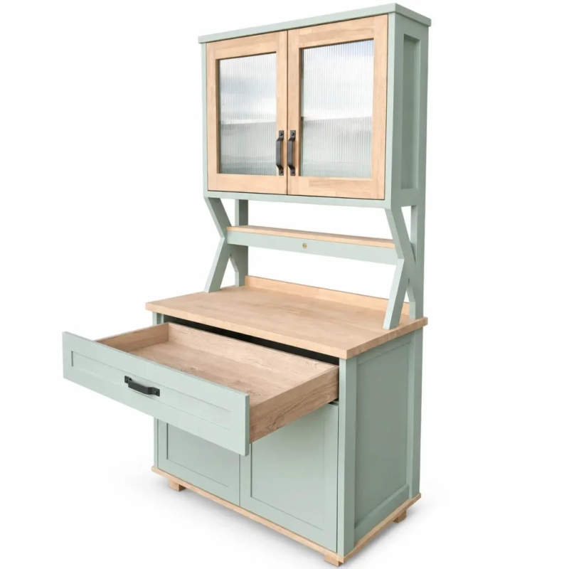 Open Green Coffee Station with glass doors and drawers An open Green Coffee Station with double glass doors and drawers