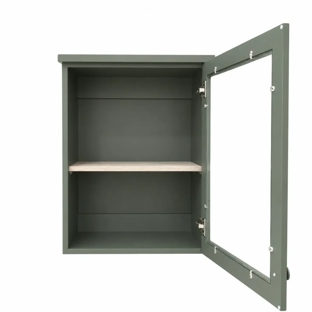 An Open Green Single Door Wall Cabinet On A White Background