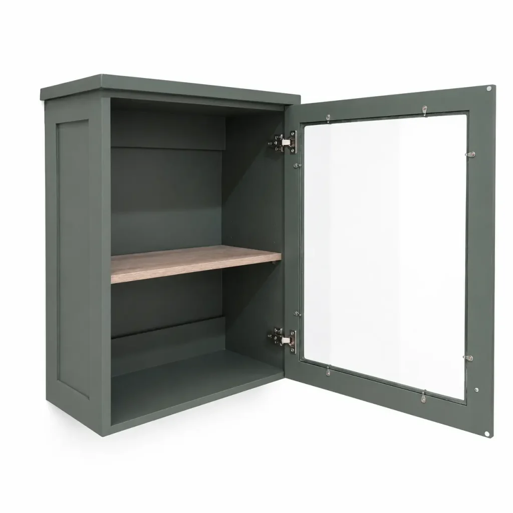 A Left View Of An Open Green Single Door Wall Cabinet On A White Background