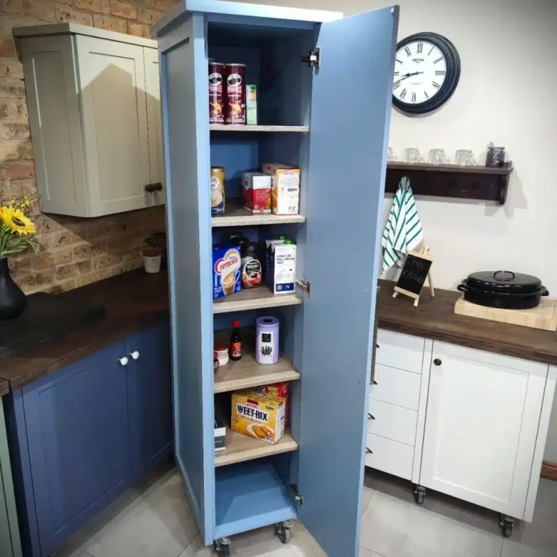 Single Door Pantry Blue Open An open blue single door pantry with shelving in a kitchen