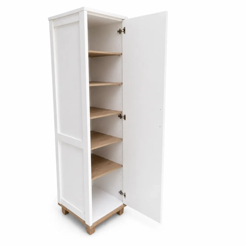 Single Door Pantry White Open A left view of an open white single door pantry with shelving