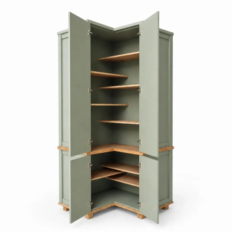 Split Corner Pantry Green Open An open green split corner pantry with shelving