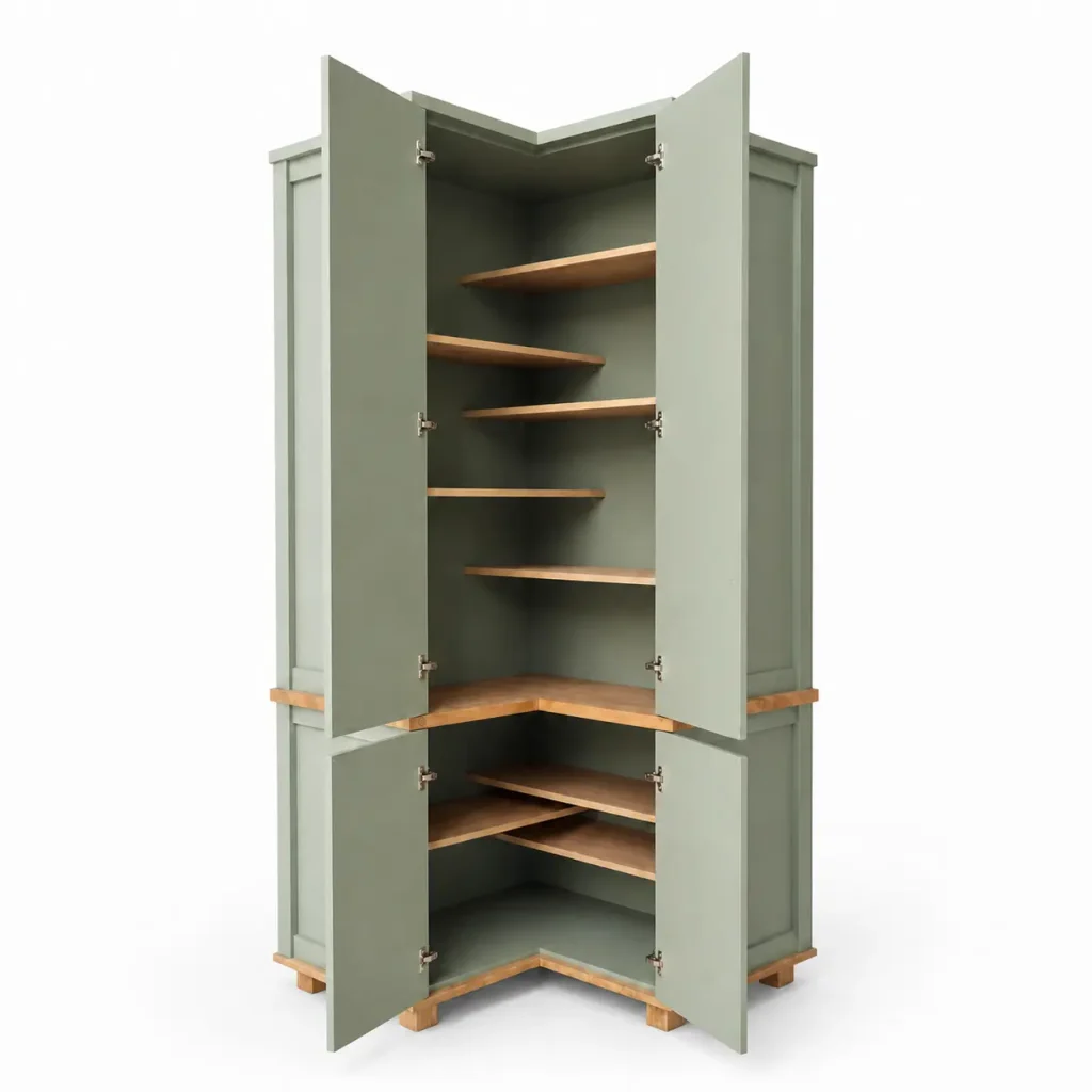 Split Corner Pantry Green Open An open green split corner pantry with shelving