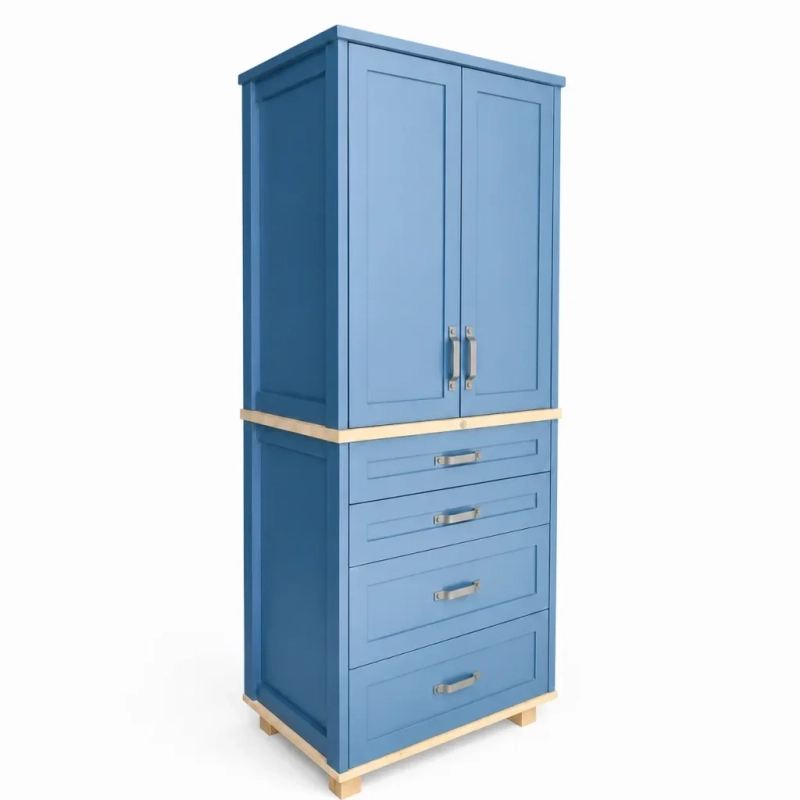 Split Pantry Blue Left A left view of a blue split pantry