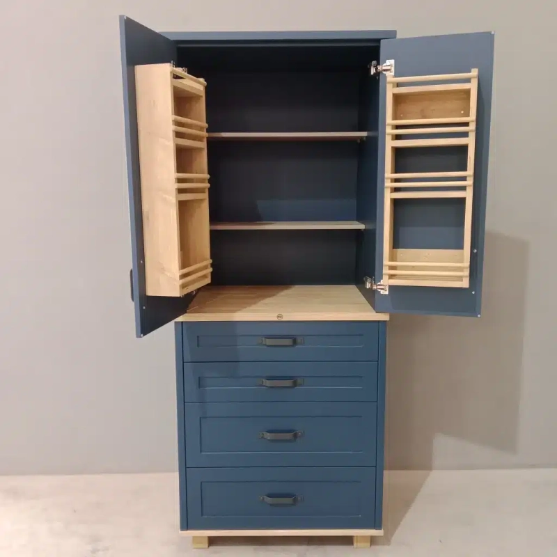 Split Pantry Blue Open A front view of an open blue split pantry with shelving and spice racks