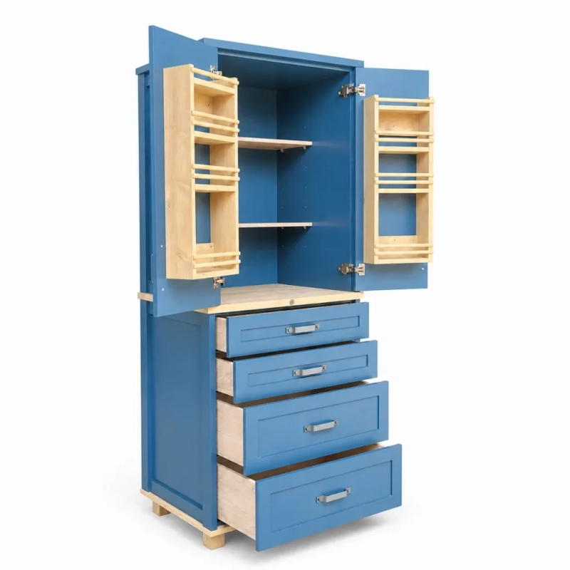 Split Pantry Blue Open Left A left view of an open blue split pantry with shelving, drawers and spice racks