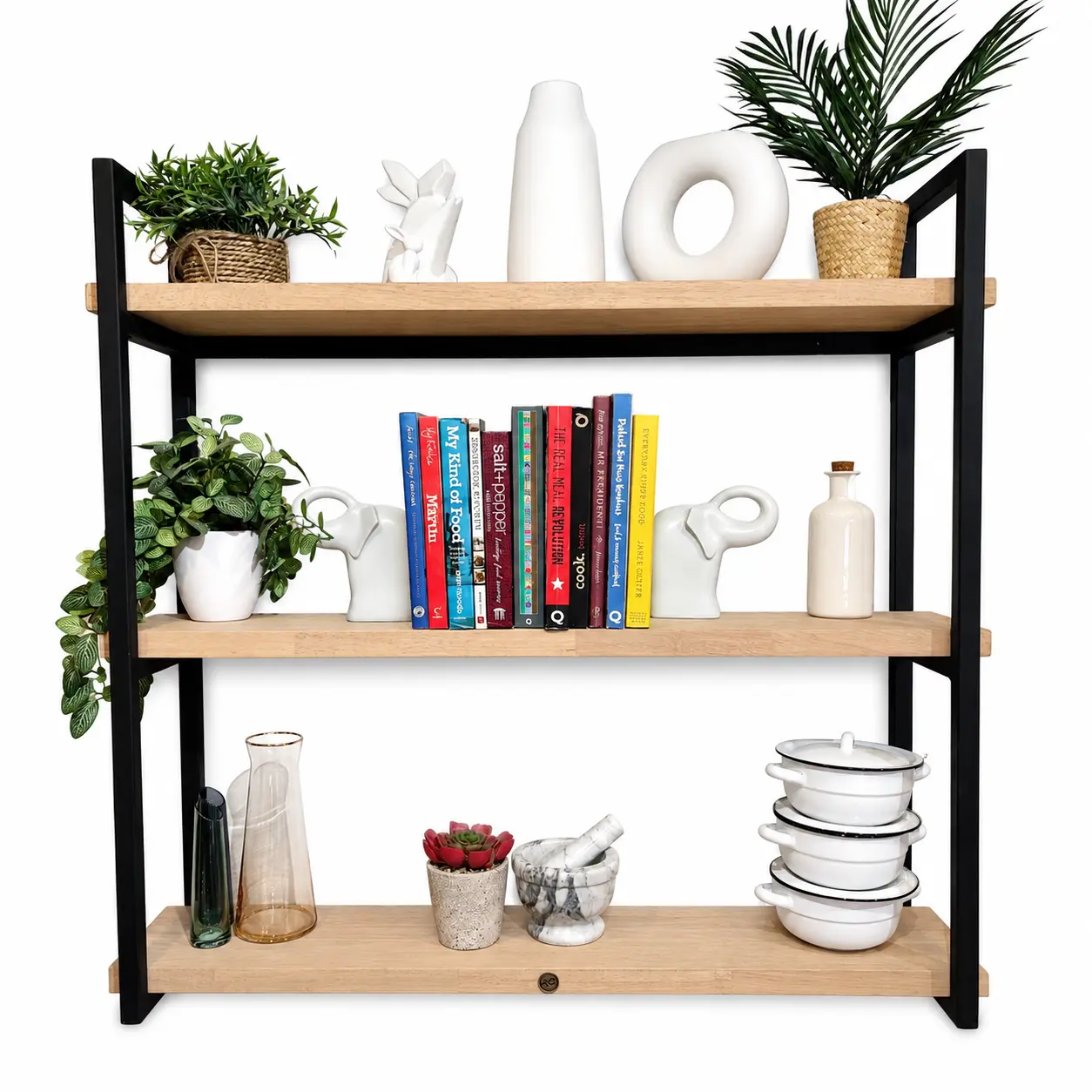 Three Tier Metalica Shelf With Books On A White Background A Three Tier Metalica Shelf With Books And Other Ornaments On A White Background