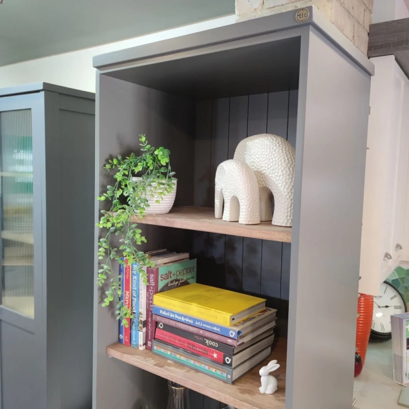 Universal Charcoal Tall Open Shelf Closeup An Upper Universal Charcoal Tall Open Shelf Closeup