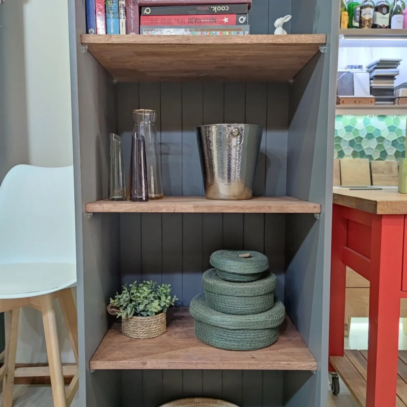 UniversalCharcoalTallOpenShelfCloseup2 A Lower Universal Charcoal Tall Open Shelf Closeup