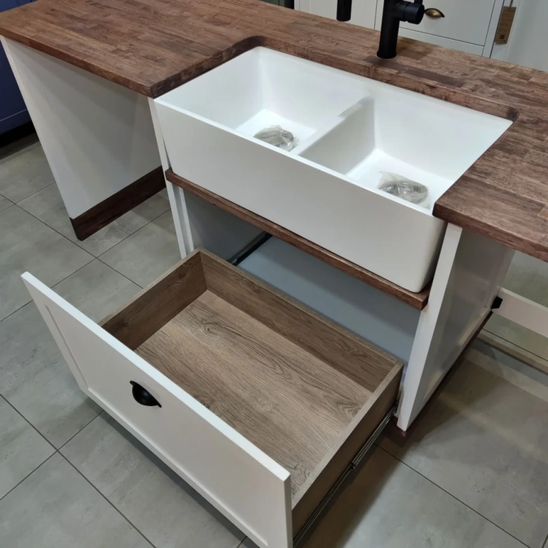 White Open Double Butler Sink Warehouse A Top View Of An Open White Double Butler Sink Cabinet In A Warehouse