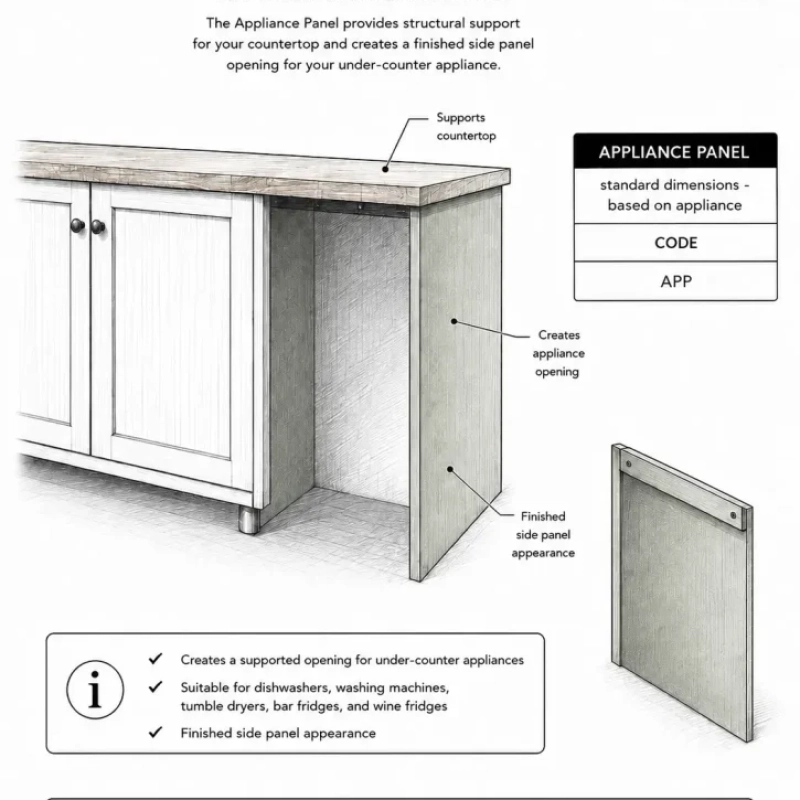 A Sketch Of An Appliance Panel Cabinet Attached To Another Cabinet With It's Dimensions and Unit Code