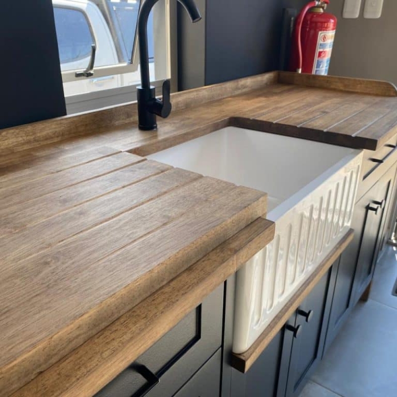 Black Double Belfast Butler Sink Cabinet Countertop Showroom