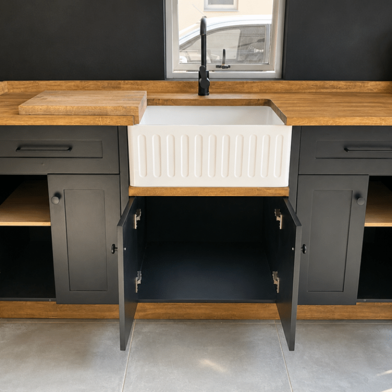 Black Double Open Belfast Butler Sink Cabinet Showroom Front