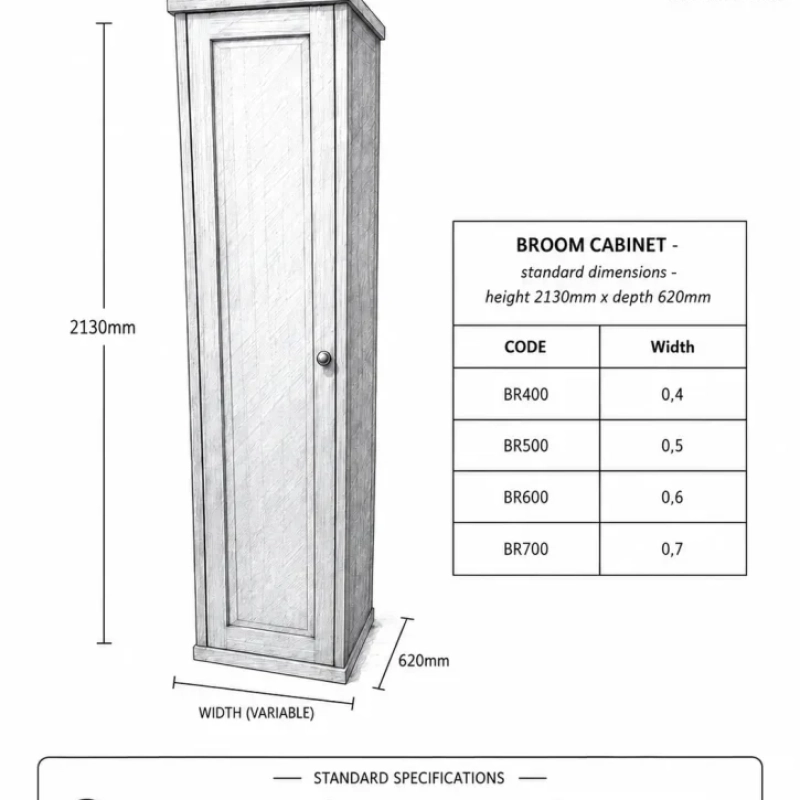 A Sketch Of A Broom Cabinet With It's Dimensions and Unit Code