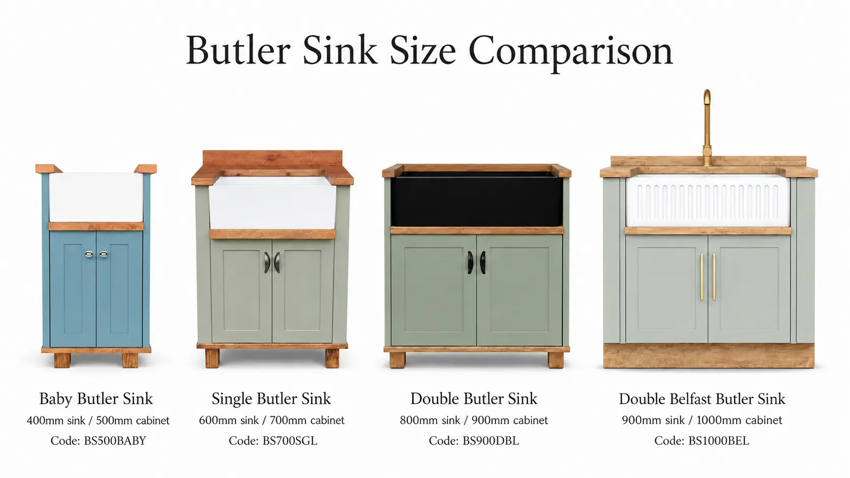 Butler Sink Size Comparison A size comparison between a Baby Butler Sink, a Single Butler Sink, Double Butler Sink and a Double Belfast Butler Sink