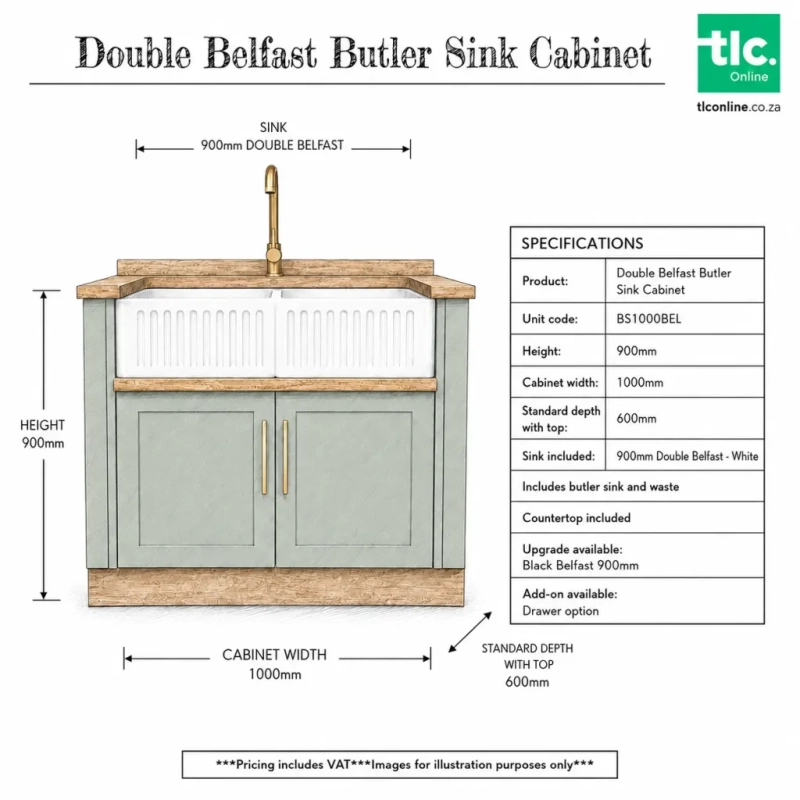 Double Belfast Butler Sink Cabinet Sketch A Sketch Of A Double Belfast Butler Sink Cabinet With It's Dimensions and Unit Codes