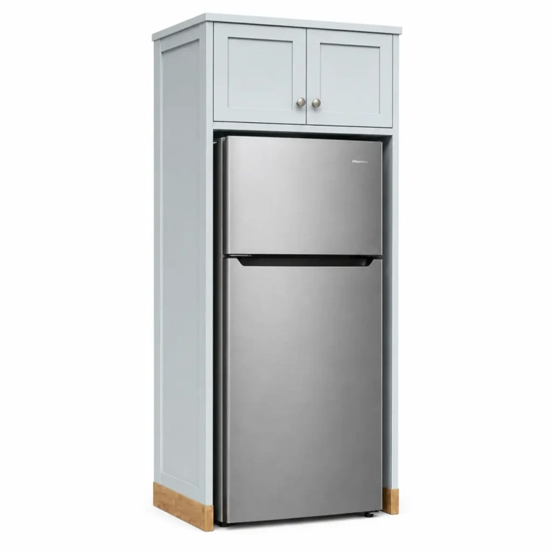 A Left View Of A Fridge House With A Silver Fridge On A White Background