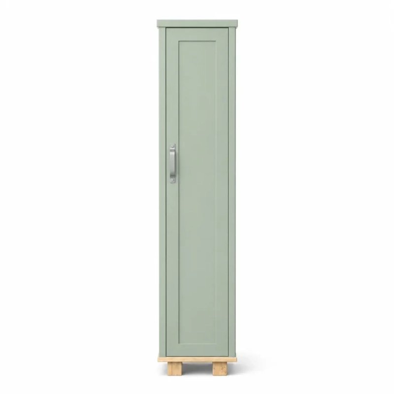 A Front View Of A Green Broom Cabinet On A White Background